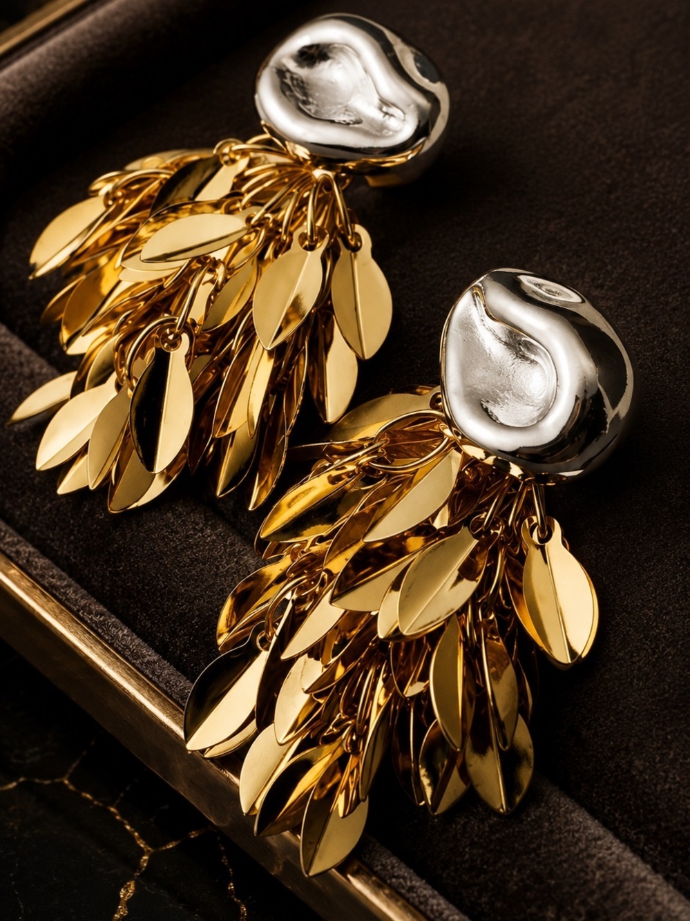 Gold and Silver Leaf Cluster Drop Earrings - Picture 8 of 11